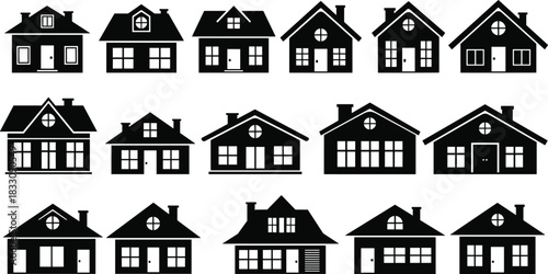Collection of modern house silhouettes in various architectural styles, home building icons for construction, property design, real estate projects, vector illustration