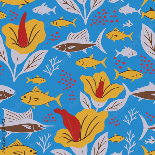 Vector tropical seamless pattern featuring marine life tuna, sailfish and exotic Titan Arum Corpse Flower florals. Perfect for fabric, and wallpaper.