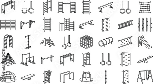 Set of playground equipment line icons including climbing frames, swings, slides, monkey bars, balance beams, nets, and outdoor activity structures