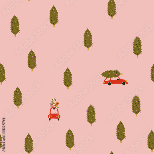 Seamless pattern with Christmas tree and cars. New Year design for cards, fabric, textile and wrapping paper