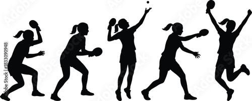 Female table tennis player silhouettes performing various action poses, competitive ping pong sports movement collection for athletic design illustration