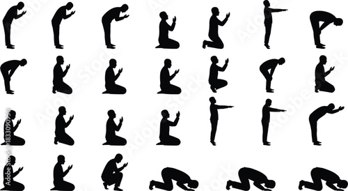 Silhouette set of man performing multiple prayer poses, kneeling, bowing, and supplication gestures for worship, spirituality, and religious illustration