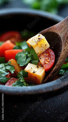 Close-up of a wooden spoon scooping up a salad with tomatoes, cheese, and herbs from a dark bowl.