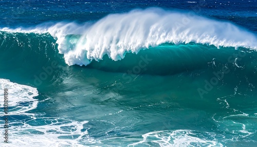 Fototapeta Naklejka Na Ścianę i Meble -  Crashing ocean wave with foamy spray against the bright blue horizon