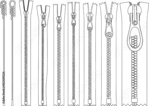 Collection of zipper teeth and sliders in black and white line art zipper slider