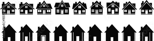 Collection of modern house silhouettes featuring various architectural home designs, black residential building icons for real estate, construction, property graphics