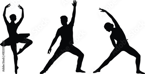 Silhouettes of dancers performing ballet and contemporary dance poses, elegant movement illustration set of male and female dancers in motion