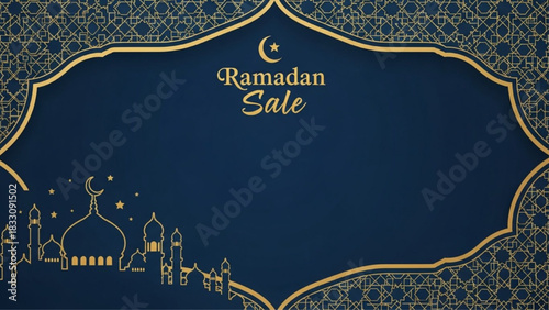 Flat Vector Ramadan Sale Banner with Crescent Moon, Mosque Silhouette, and Islamic Geometric Pattern in Elegant Blue and Gold Style

