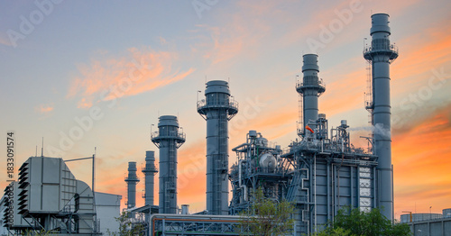 Natural Gas Combined Cycle Power Plant ,Gas turbine electrical power plant with in Twilight power for factory energy concept.