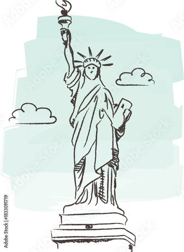 Vector illustration of the Statue of Liberty. Iconic American symbol of freedom, democracy, and hope. Perfect for patriotic and travel themes