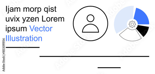 Data analytics, workflow design, user interface, online profiles, business strategy, process optimization. User icon next to segmented gear diagram. Data analytics and workflow design