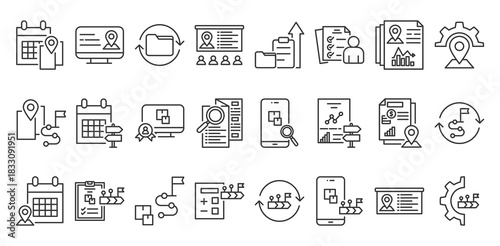 icon pack of change management in creative outline vector style for workflow adaptation team alignment strategy mapping transformation guidance and organizational improvement toolkit visual assets 