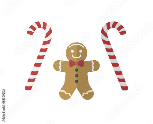 Smiling Gingerbread Man with Red Bow Tie and Candy Canes Vector Illustration. Cute Christmas Cookie Character. Sweet Holiday Dessert and Winter Celebration Concept.