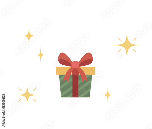 Festive Christmas Gift Box with Red Ribbon and Sparkles Vector Illustration. Holiday Present Wrapping in Red and Green Colors. Xmas Surprise and Celebration Concept.