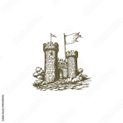 Classic vintage woodcut illustration of a medieval stone castle with high turreted towers and battlements, resting on a rocky mound