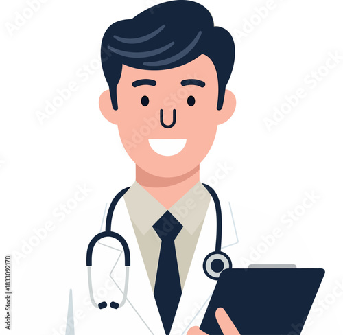 Smiling Male Doctor Flat Vector Illustration with Stethoscope and Clipboard