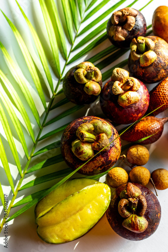Wallpaper Mural Set of fresh tropical fruit mangosteen on white table. Healthy vegetarian food Torontodigital.ca