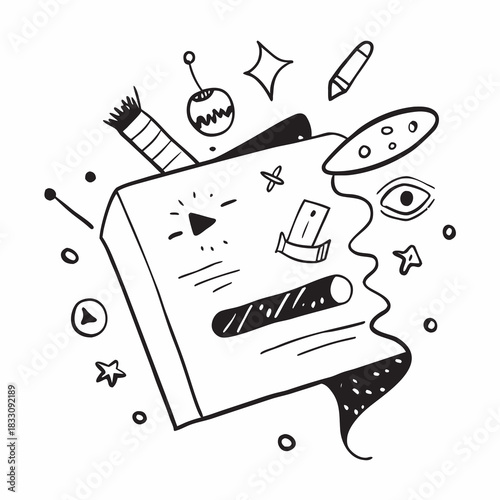 Creative doodle collage of cassette tape and abstract elements