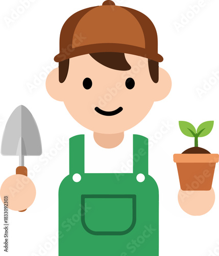 Happy Gardener Character Icon Holding Trowel and Seedling Pot (Flat Design Vector)