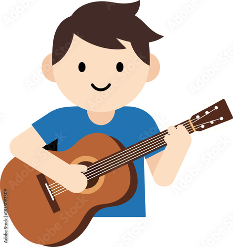 Happy cartoon boy playing acoustic guitar