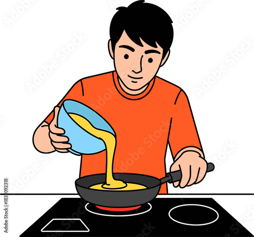 Man Pouring Batter into Frying Pan for Cooking Breakfast - Vector Illustration