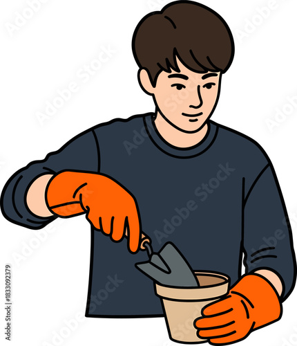 Gardener in Gloves Planting Flower Pot with Trowel: Vector Illustration of Home Gardening Hobby