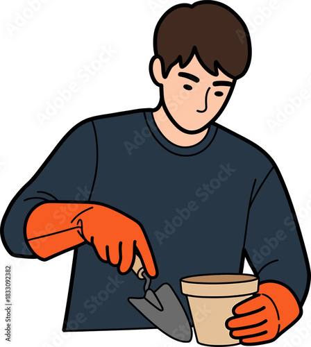 Gardener Potting Plant with Trowel and Gloves Illustration