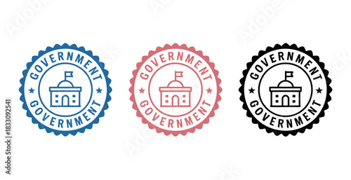 Three stylized government building icons are displayed in blue, red, and black, each representing official seals.