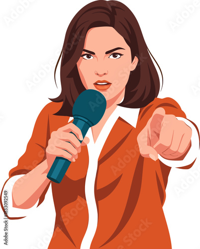 Confident Female Reporter with Microphone Pointing at Viewer