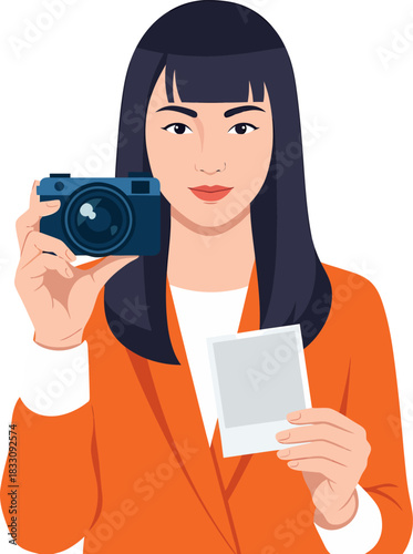 Young Female Photographer Holding Digital Camera and Instant Photo Printout - Vector Illustration