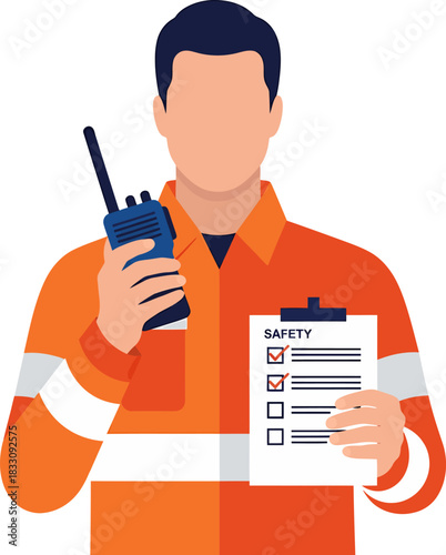 Safety Officer with Checklist and Radio. Worker in Orange High-Visibility Uniform Holding Walkie Talkie and Safety Inspection Report, Vector Illustration.