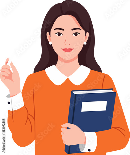 Confident professional woman holding book and gesturing.