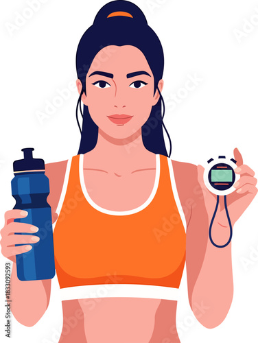 Sporty Woman Holding Stopwatch and Water Bottle. Fitness and Exercise Timer Vector Illustration.