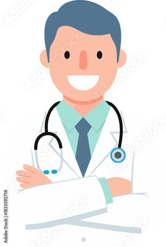 Professional Male Doctor Character with Stethoscope, Flat Design Illustration