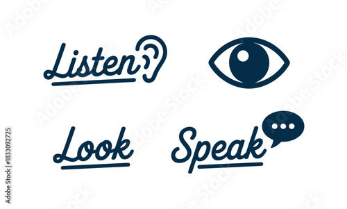 The phrases Listen, Look, and Speak are presented with corresponding icons for each word.