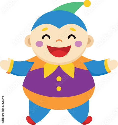 Joyful chubby baby character in vibrant colorful clothing vector illustration