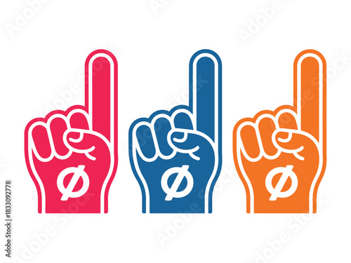 Three foam fingers in red, blue, and orange, each displaying a white circle with a slash through it, signifying 'no' or 'forbidden'.
