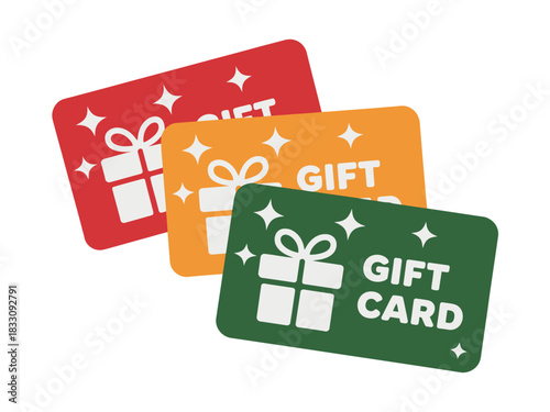 Three colorful gift cards with gift box graphics are isolated on a white background, representing a concept for shopping and presents.