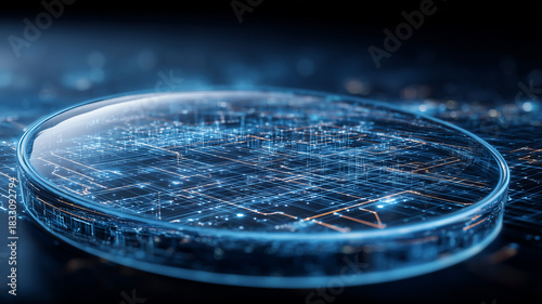 A digital analysis concept shown through a magnifying surface highlighting complex circuit patterns representing data inspection, system evaluation and technological research.
