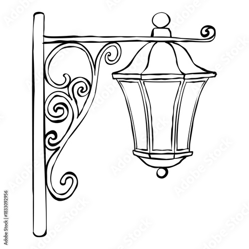 Vintage wrought iron wall lantern with ornate bracket black and white outline classic street lamp sconce for storefront signage branding decor