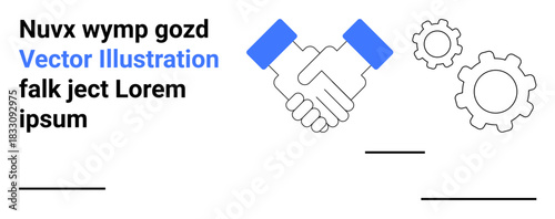 Business strategy, partnership, cooperation, teamwork, process development, productivity. A handshake and gear symbols indicate collaboration and workflow. Partnership and business strategy concepts