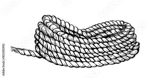 Coiled rope bundle black and white outline twisted fiber cord nautical supply line drawing for marine decor packaging hardware store camping and craft themes