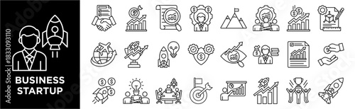 Business Startup icon collection set. Containing design  startup meeting, rocket launch, growth chart, target goal, entrepreneur, startup owner