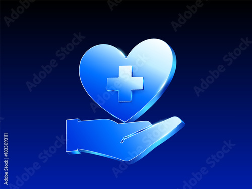 3d blue glossy medical heart with a cross symbol resting above an open hand, representing healthcare support, protection, and medical assistance. Vector illustration