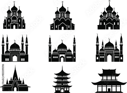 Collection of black silhouette religious and cultural buildings including churches mosques pagodas and temples