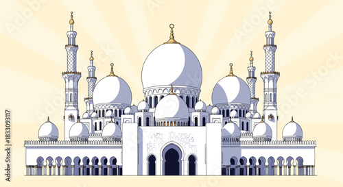 Illustration of a grand mosque with multiple domes and minarets against a sunburst background.