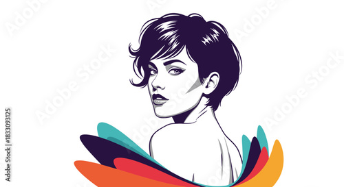 Stylized black and white portrait of a woman with short hair looking over her shoulder with colorful abstract shapes below.