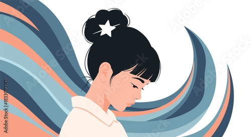 Illustration of a young woman with dark hair in a bun, a star accessory, and flowing colorful waves behind her.
