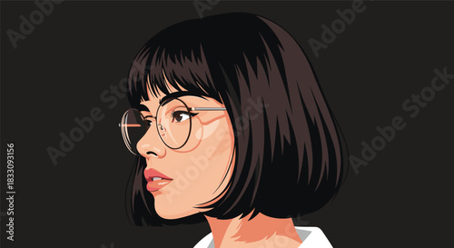 A stylish young woman with short dark hair and glasses looks to the side with a neutral expression.