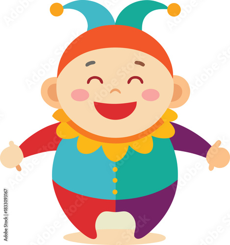 Joyful chubby baby jester illustration festive colorful cartoon character vector graphic